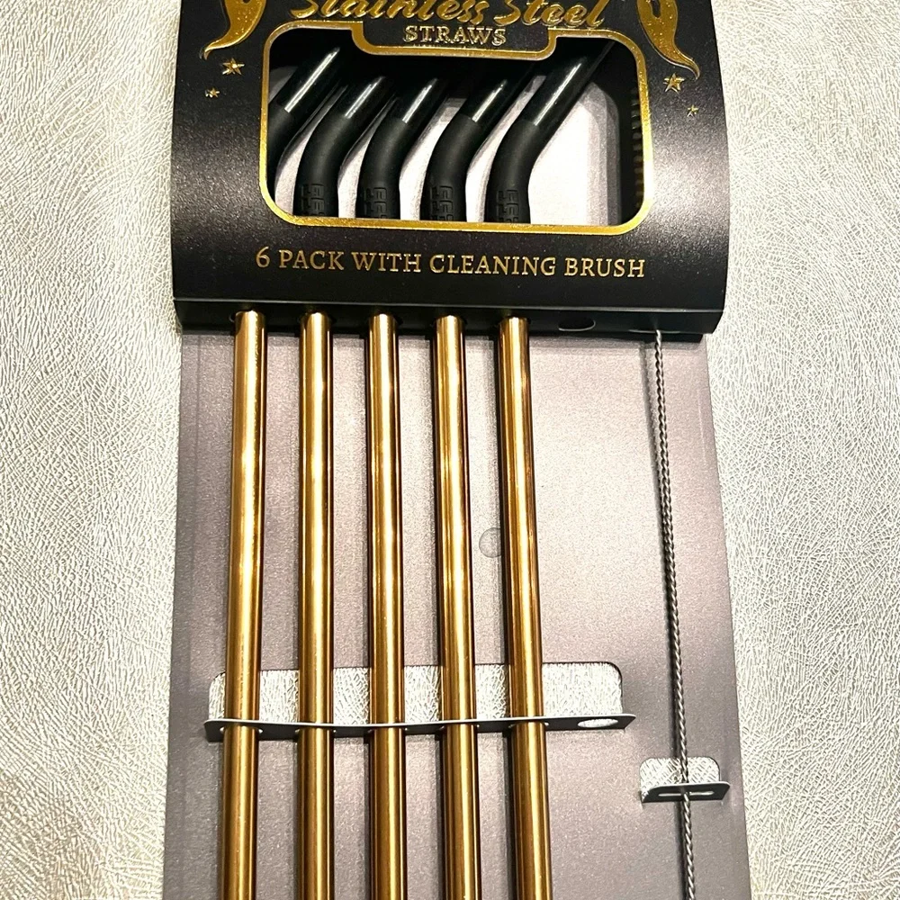New Gold & Black Set of 5 Pack Stainless Steel Straws Cleaning Brush Reusable